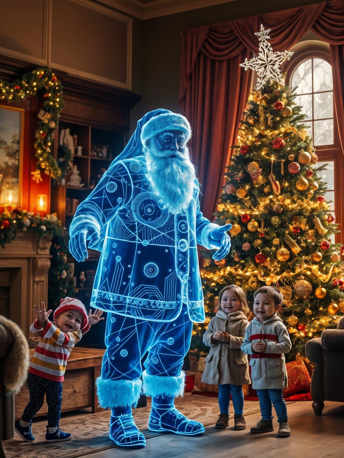Digital Hologram of Santa in Festive Holiday Setting