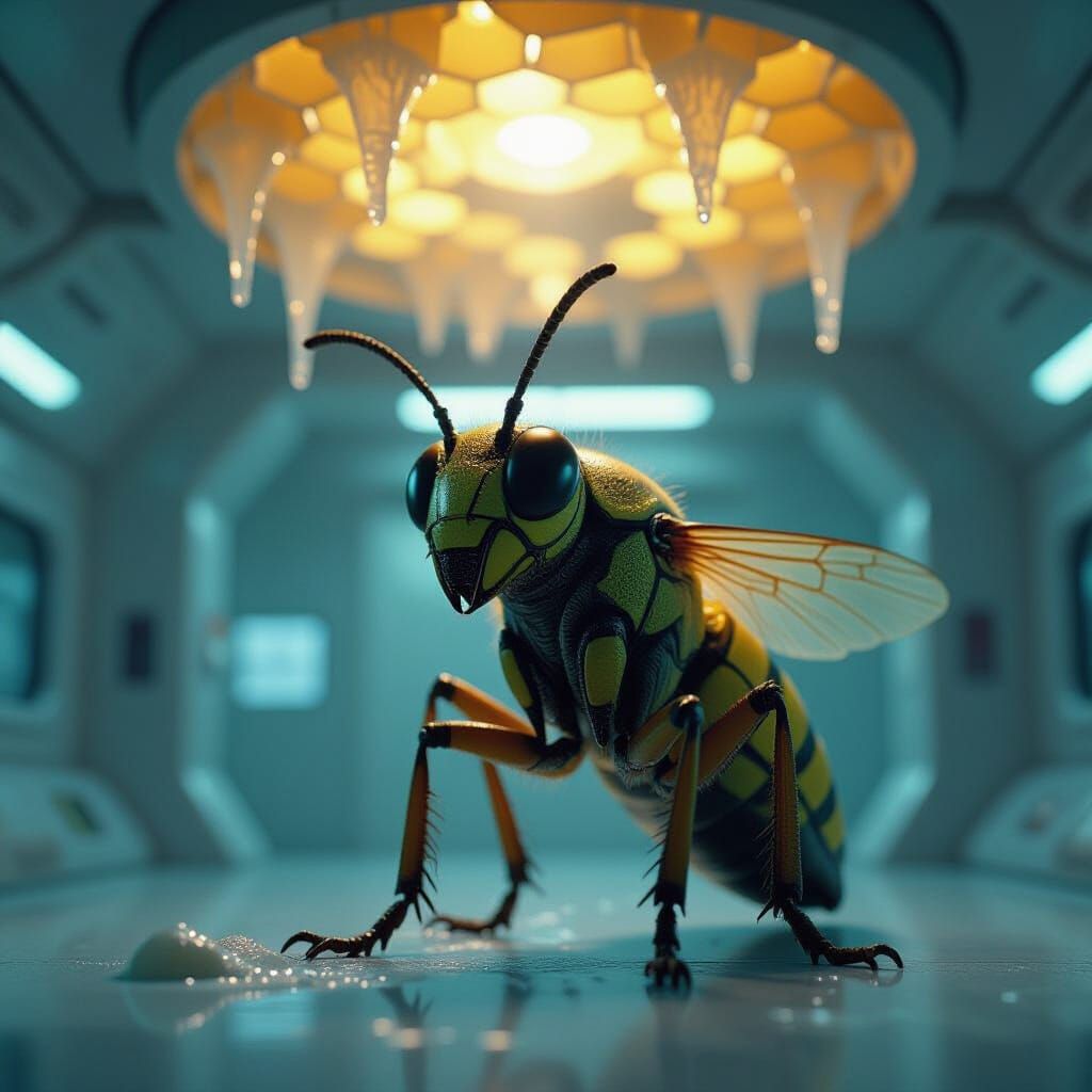 Alien Insect Spewing Acid in Futuristic Lab