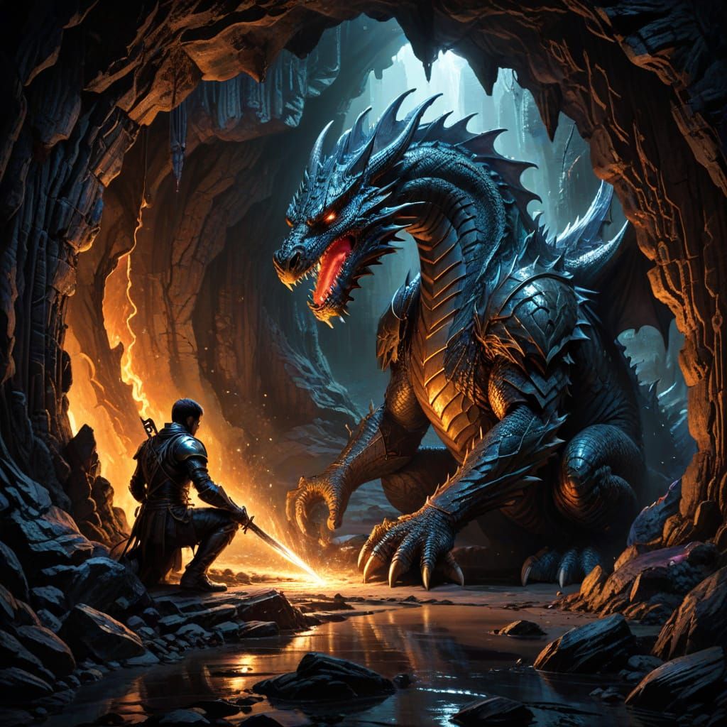 Knight Kneels Before Dragon in Cave Comic Art