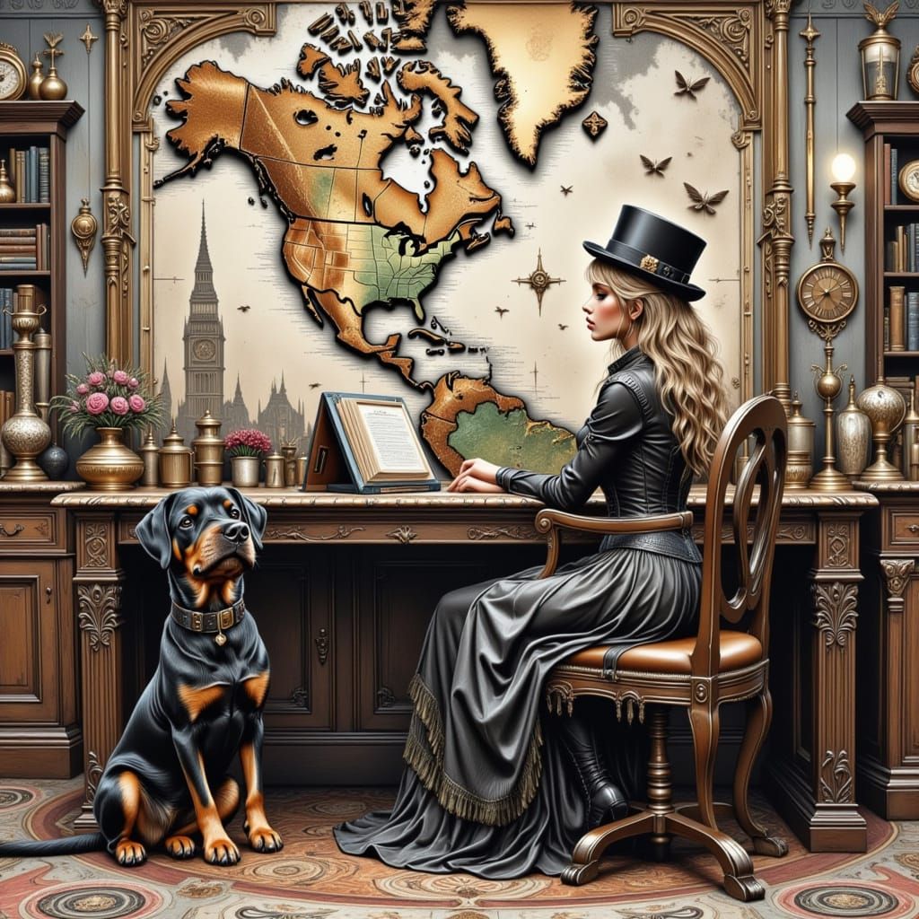 Steampunk Girl Studies Map with Rottweiler Companion