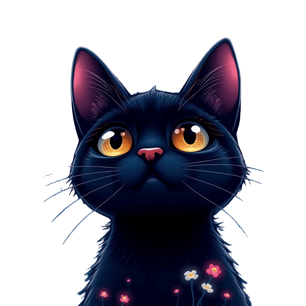 Whimsical Nighttime Scene with Expressive Black Cat and Glow...