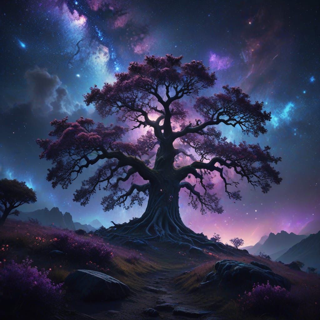 Mystical Oak Tree in Cosmic Landscape