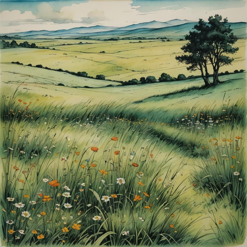 Whimsical Grassy Meadow Illustration