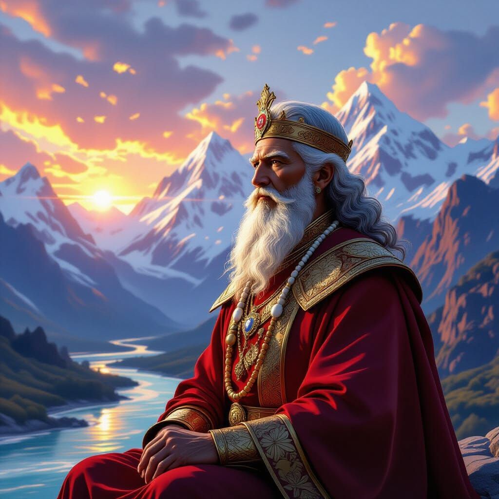 Regal Leader Portrait with Mountain and River Landscape