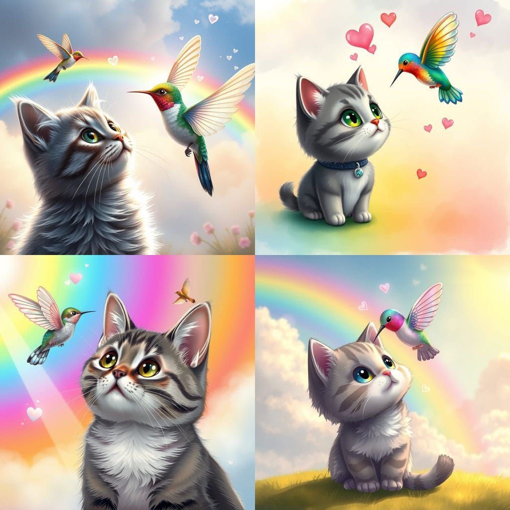 Vibrant Chibi Cat Watches Delightful Hummingbird in Whimsica...