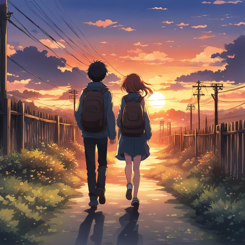 Anime Sunset: Two Figures Walking Home