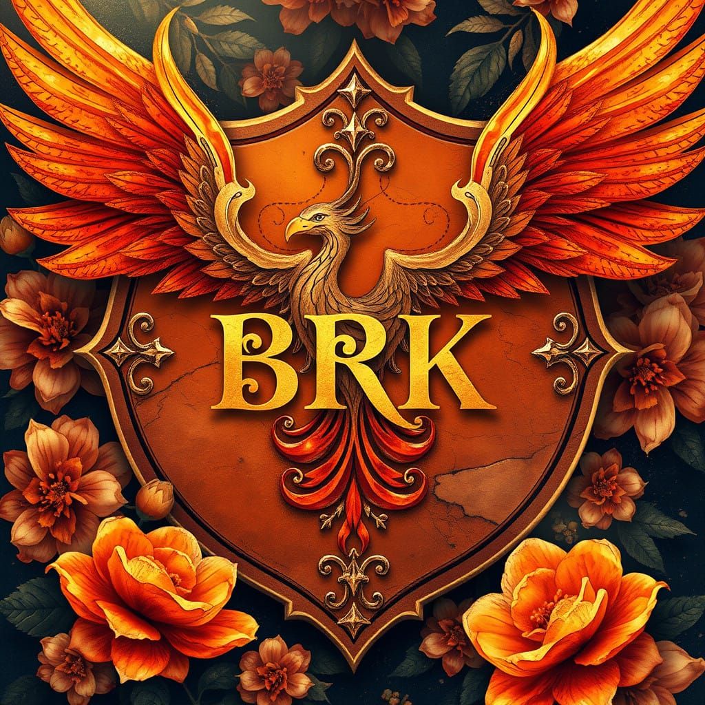 Fantasy Logo in Golden Phoenix Shield with Swirling Patterns