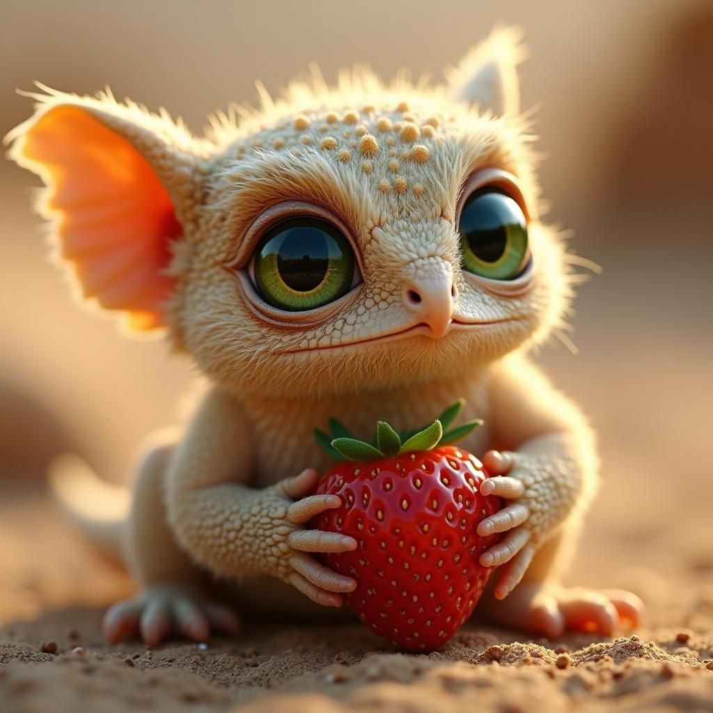 Adorable Owl-Lizard Hybrid with Strawberry
