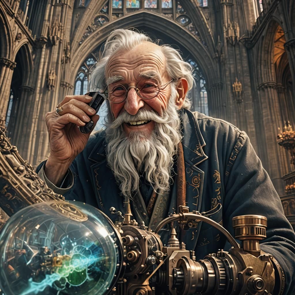 Smiling Man Observes Cologne Cathedral: Detailed Matte Paint...