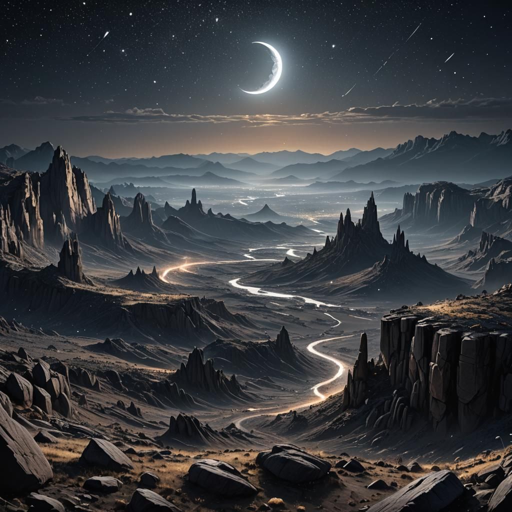 Starry Night Vista with Silver Threads, Digital Matte Painti...