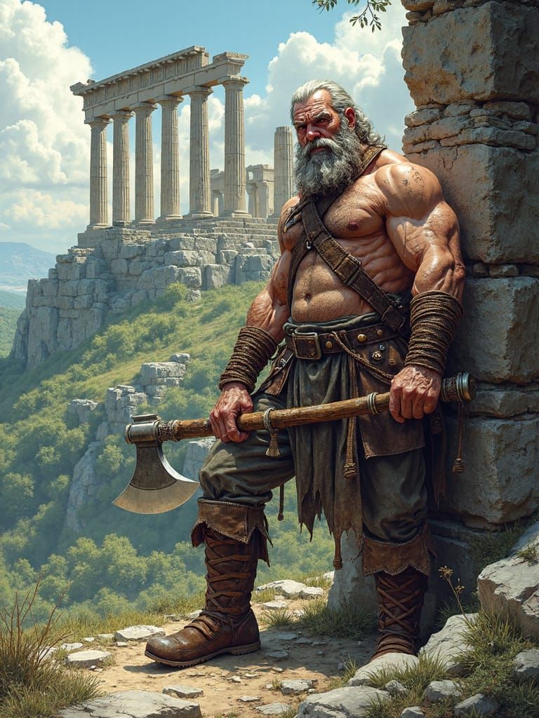 Grizzled Half-Orc Warrior Leans on Axe Before Ancient Ruins