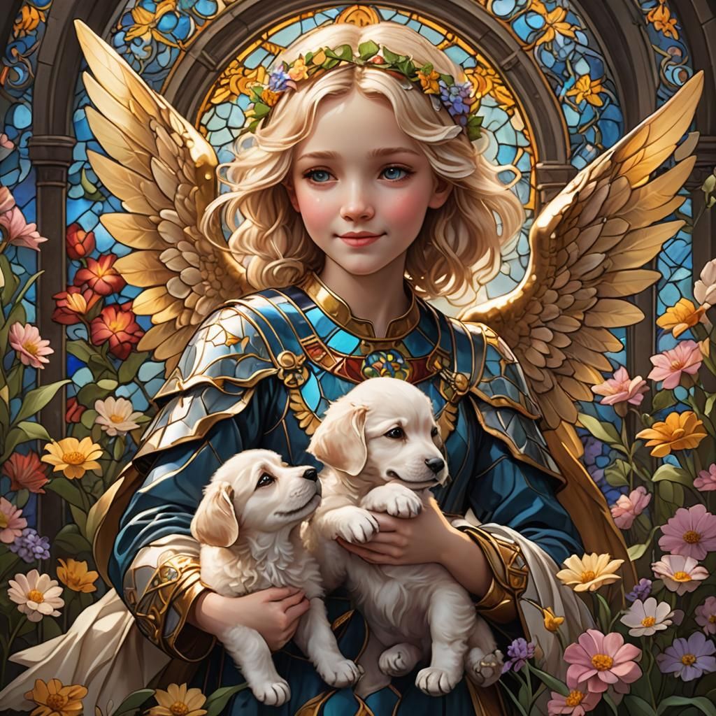 Guardian Angel Embraces Puppy in Stained Glass