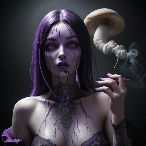 Hyperrealistic Purple Alien Woman Smoking Marijuana