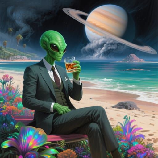 Alien Sipping Whisky on Jupiter Beach: Hyperrealistic Matte ...