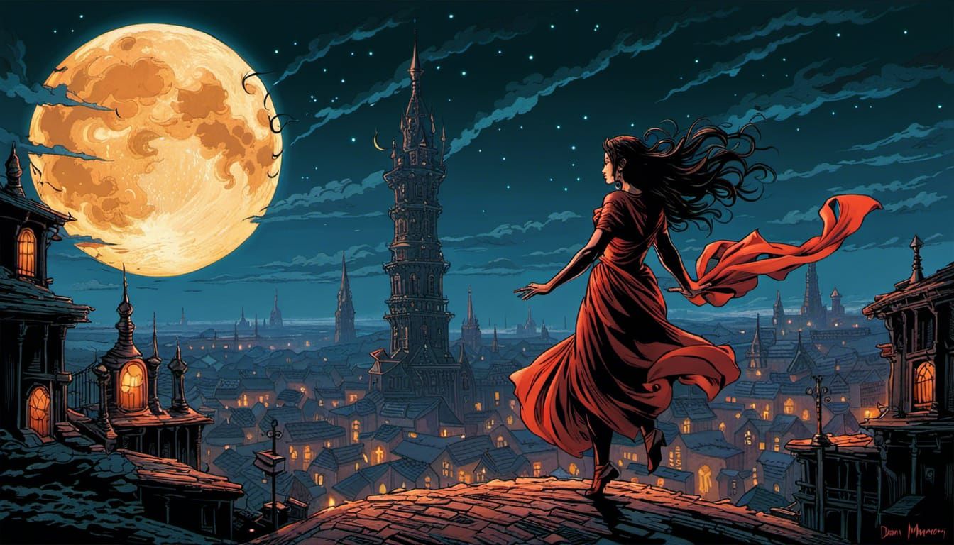 Woman Dancing Under Moon in Dark Fantasy Landscape