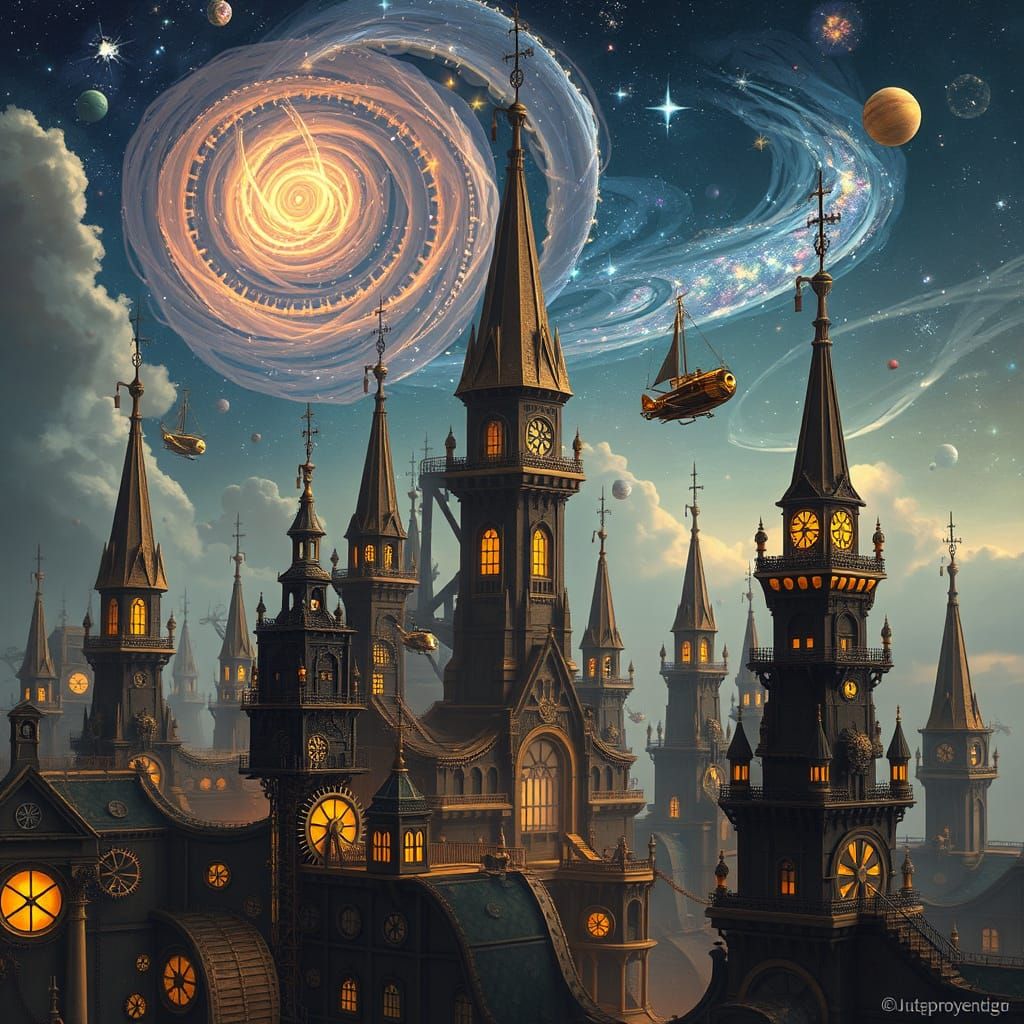 Whimsical Clockwork Cityscape Under Galactic Skies