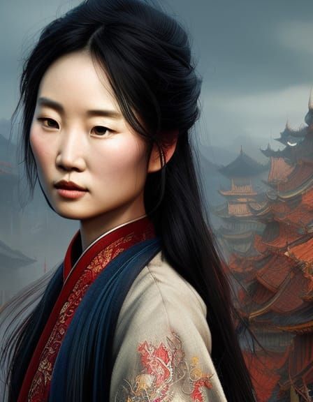 Mulan Portrait After Battle in Ukiyo-e Style