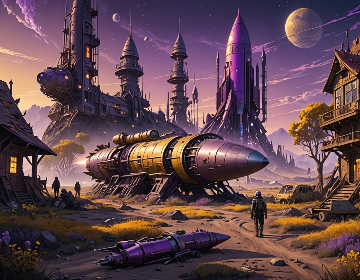 Vintage Sci-Fi Rocket on Alien Planet in Art Nouveau Style