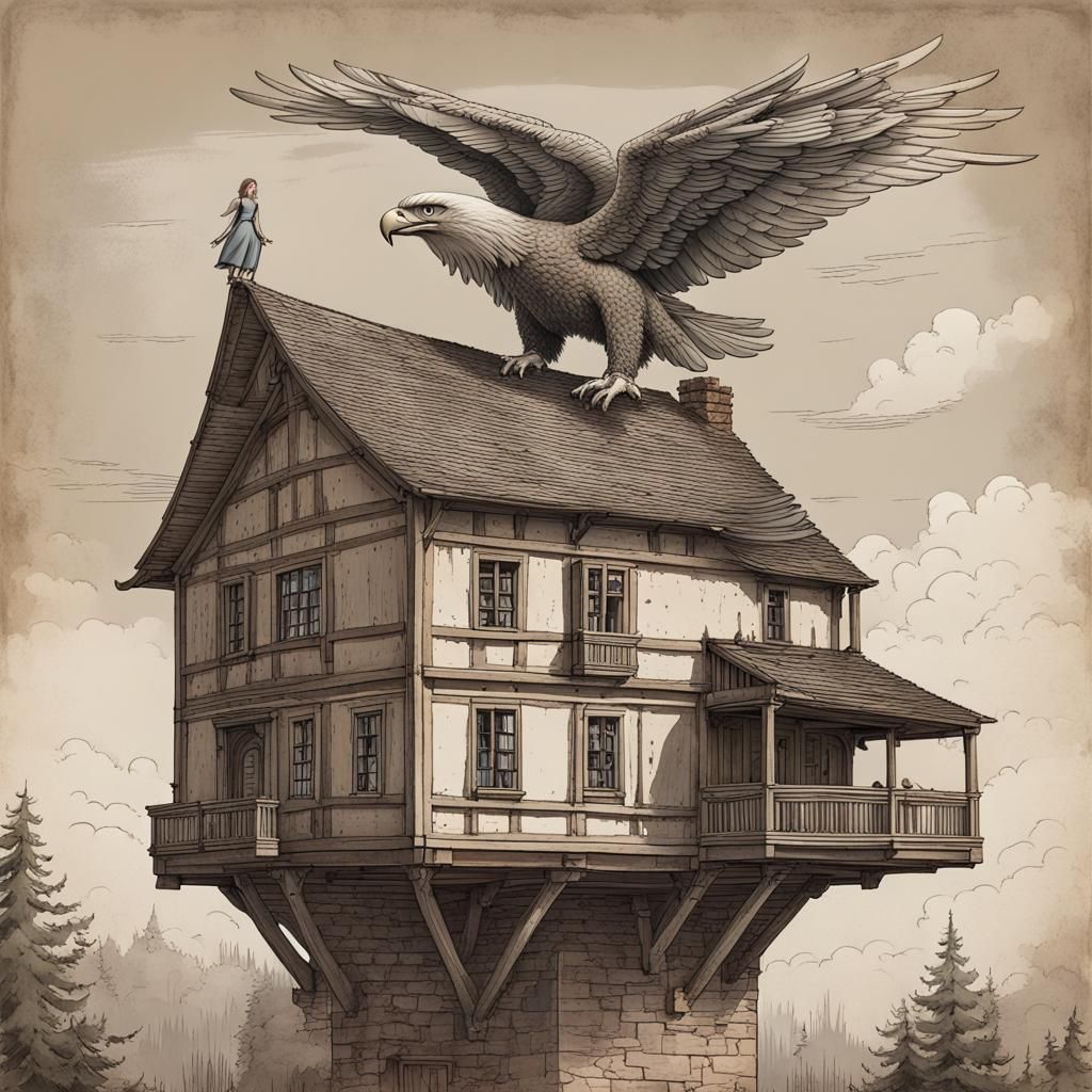 Medieval House Atop Giant Flying Eagle