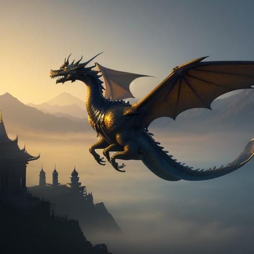 Golden Dragon Soaring Over Mystical Temple