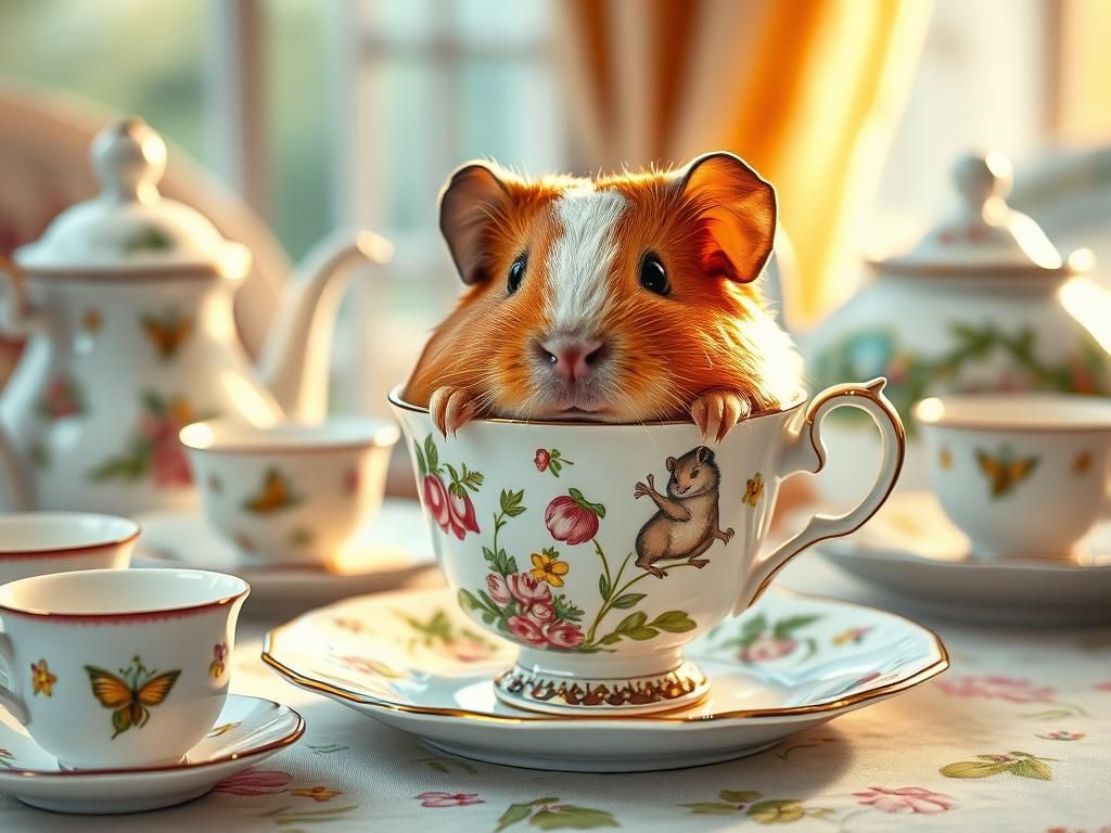 Guinea Pig in Teacup, Watercolor Illustration