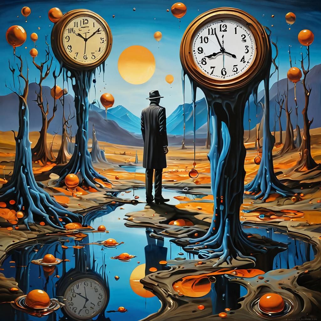 Surreal Dreamscape with Melting Clocks: An Oil Painting