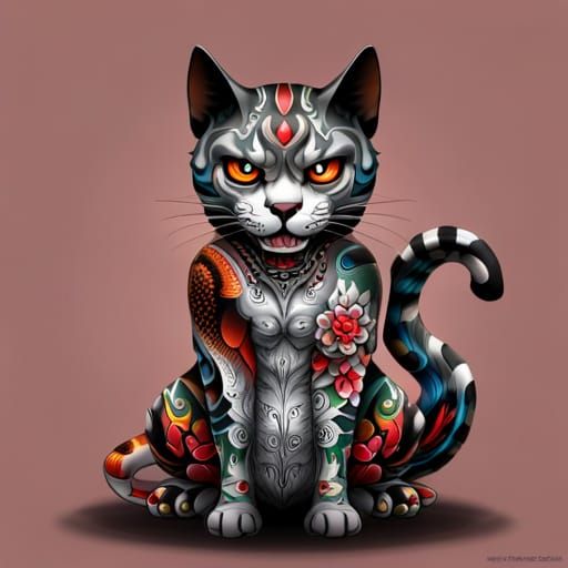 Yakuza Cat with Koi Tattoos Holding Tanto Knife