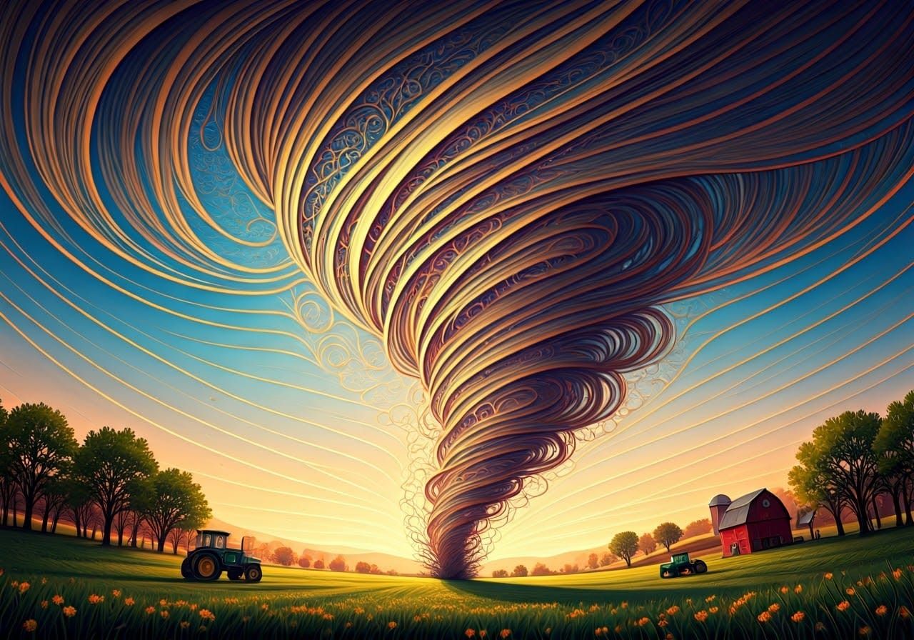 Colorful Filigree Tornado Rips Through Countryside