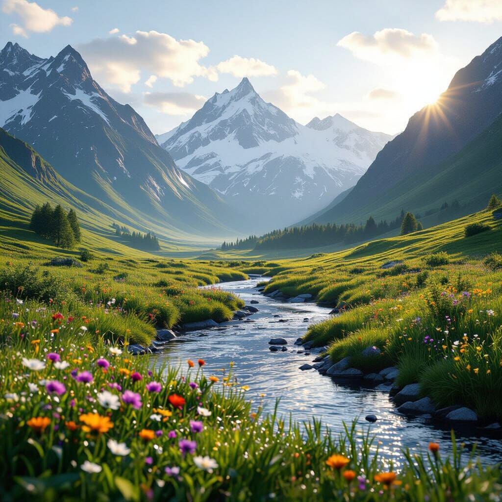 Peaceful Valley with Snow Mountains and River in HDR