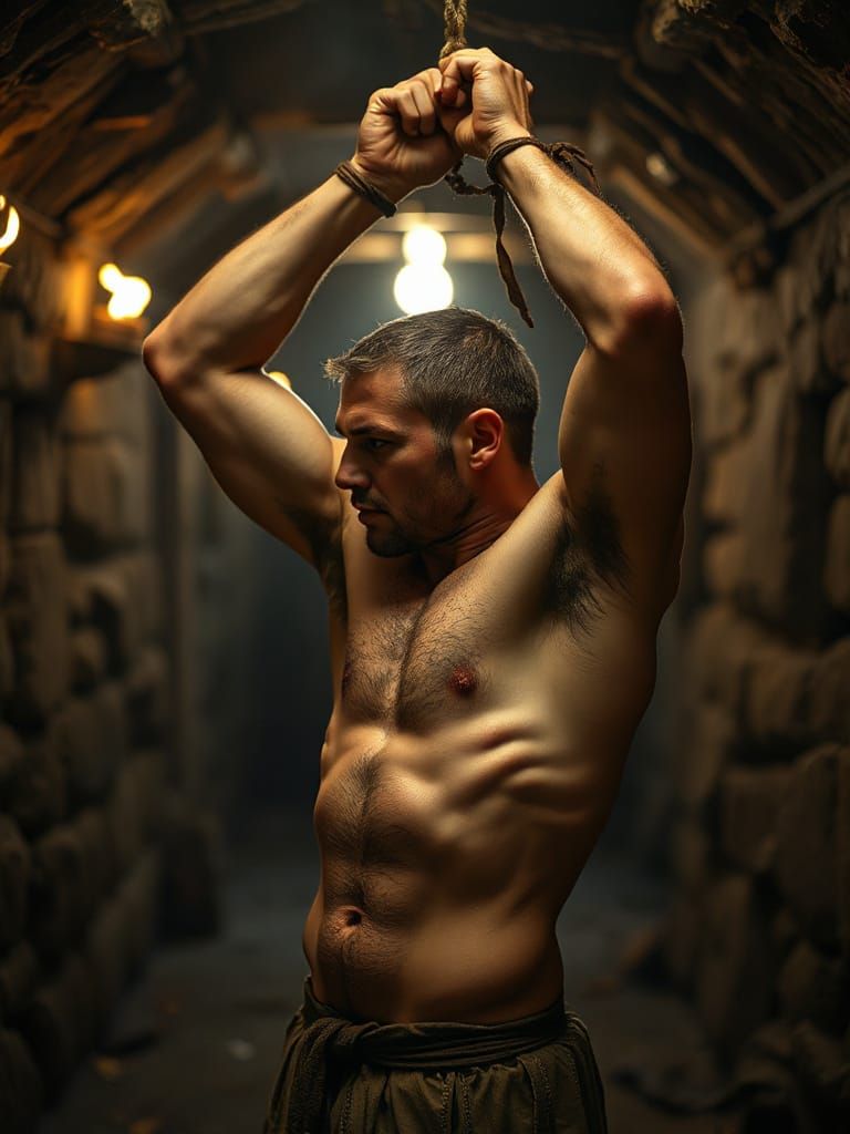Bound Prisoner in Dark Dungeon with Cinematic Lighting