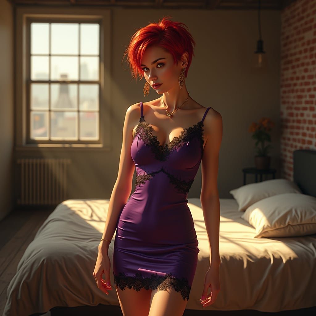 Red-Haired Woman in Purple Dress in Loft Apartment