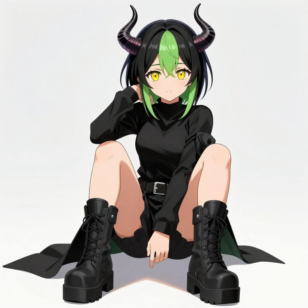 Anime Girl with Beetle Horns and Two-Tone Hair