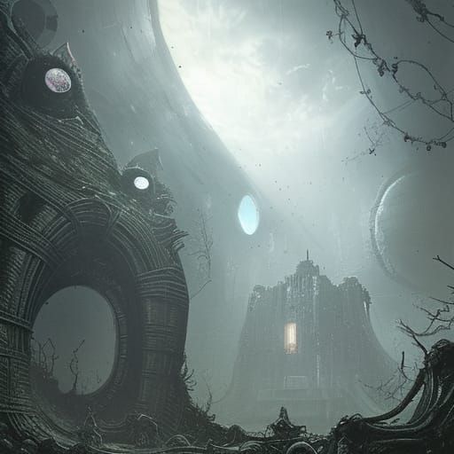 Creepy Alien Castle on Alien Planet: Giger-Lovecraft Style