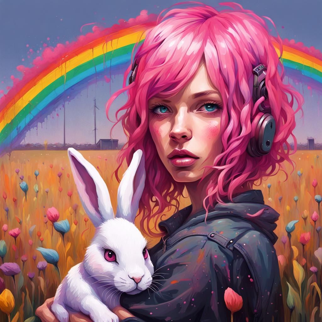 Woman with Rainbow Bunny in Graffiti Art Style