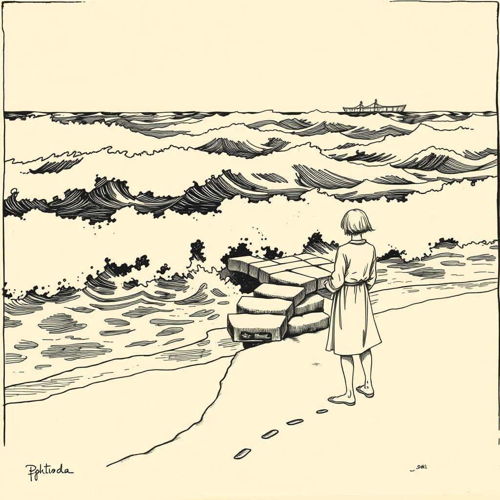 Heroic Figure Building Bridge: Etching-Style Seascape