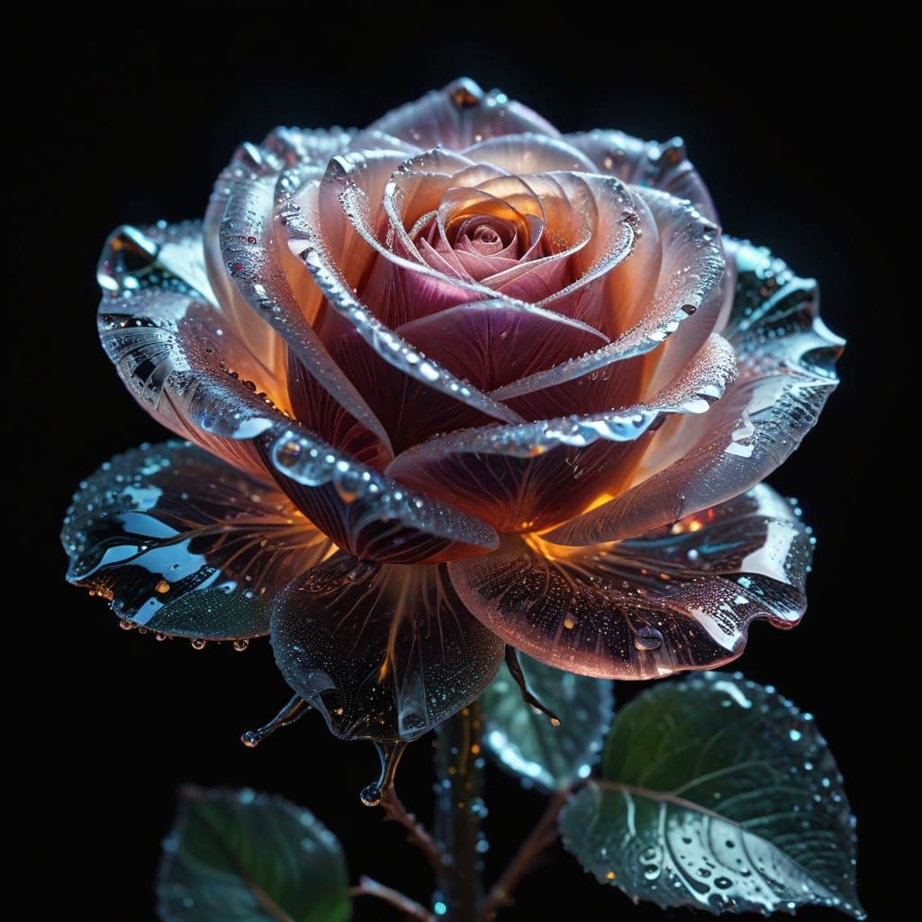 Intricate Glass Rose with Magical Glow on Black Background