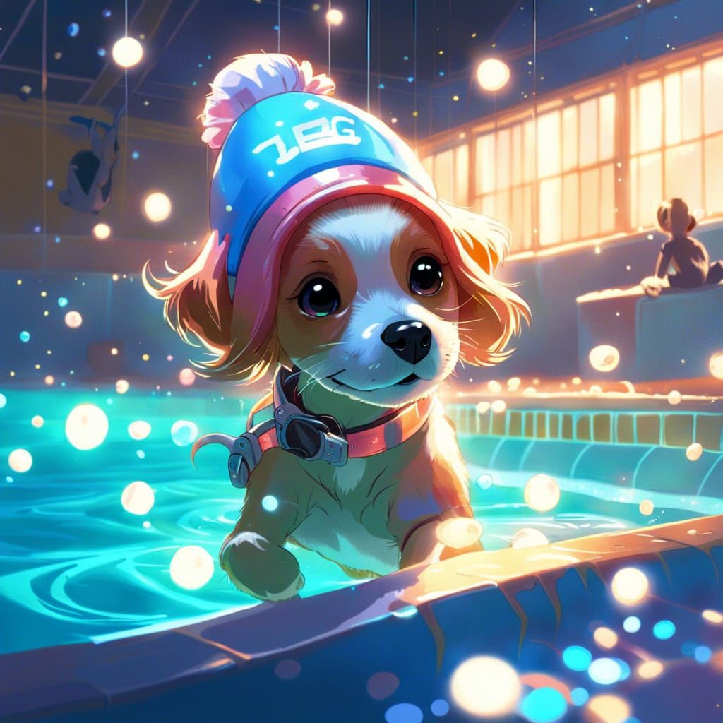 Adorable Dog Backstroke in Style of Golden Age Illustration