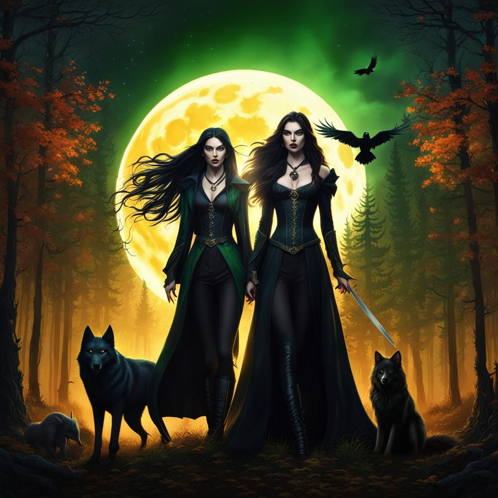 Fantasy Witch, Vampire, Raven and Wolf Under Moon