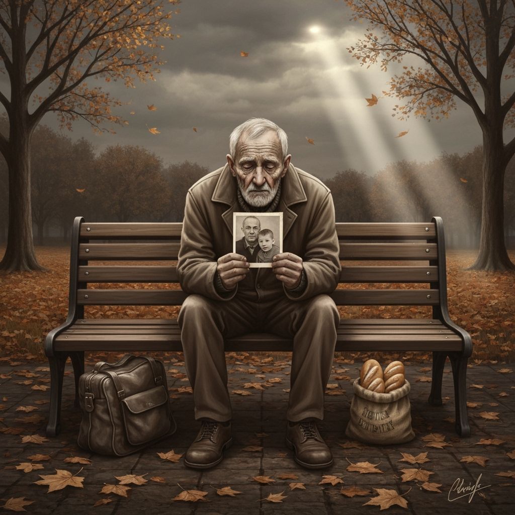 Elderly Man's Loneliness in Autumn Park: Hyper-Realistic Pai...