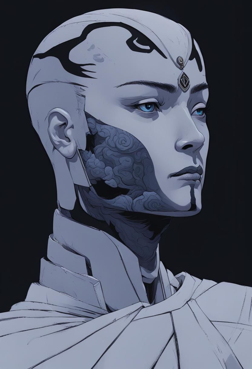 Blue Fox Girl Warrior in Ukiyo-e Style