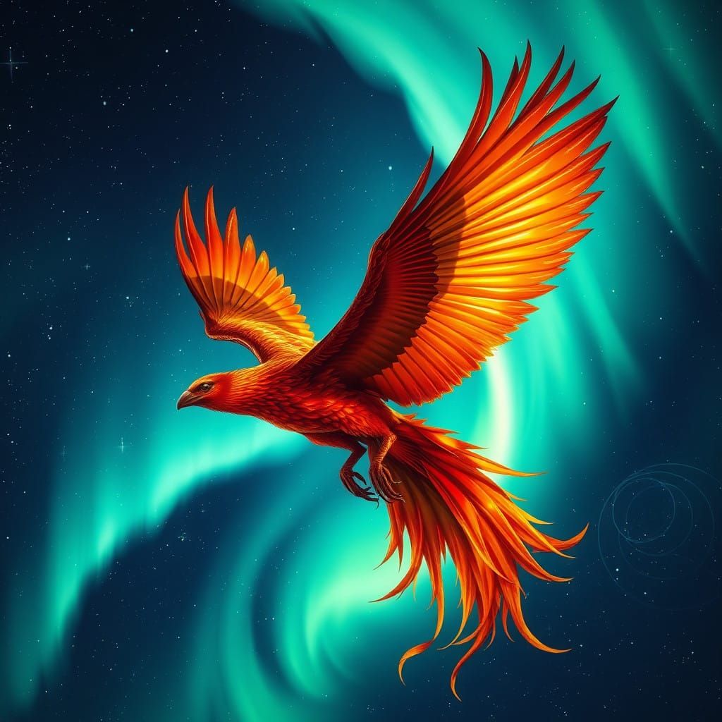 A Phoenix Soars Through a Celestial Aurora
