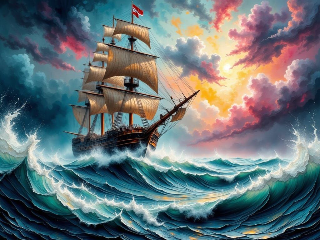 Victorian Naval Ship in Storm, Impasto Oil Painting