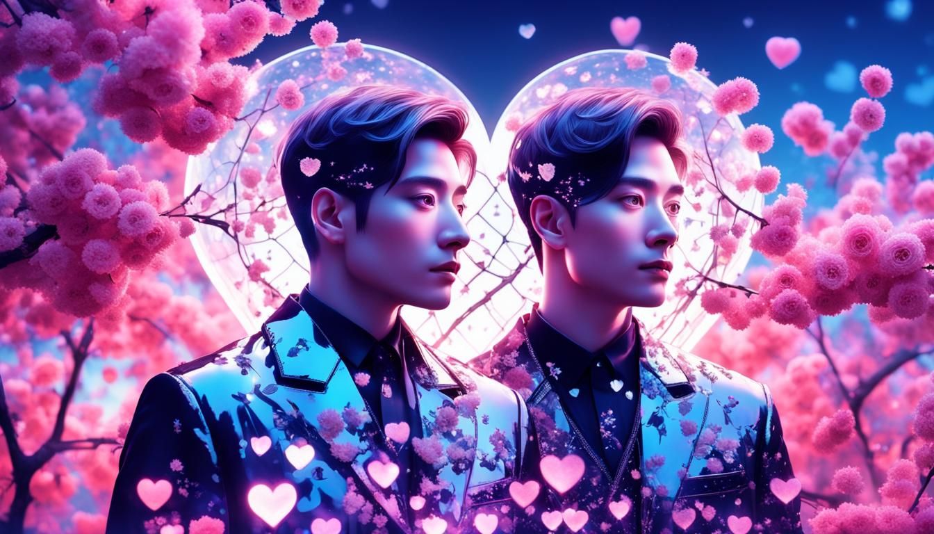 Gay Couple Under Cherry Blossom Heart Leaves