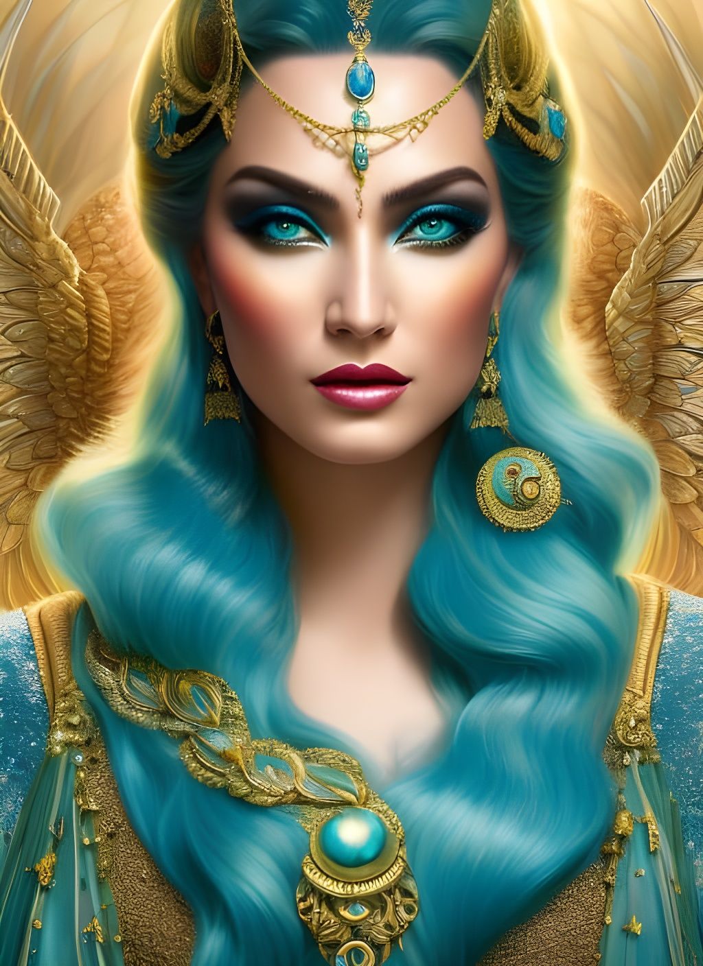 Gold and Turquoise Goddess: Hyperrealistic Fantasy Art