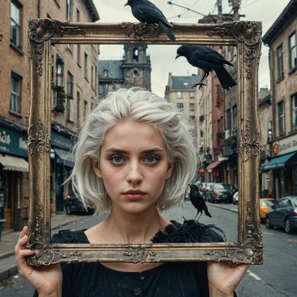 Woman Holding Portrait with Bird, Detailed Matte Painting