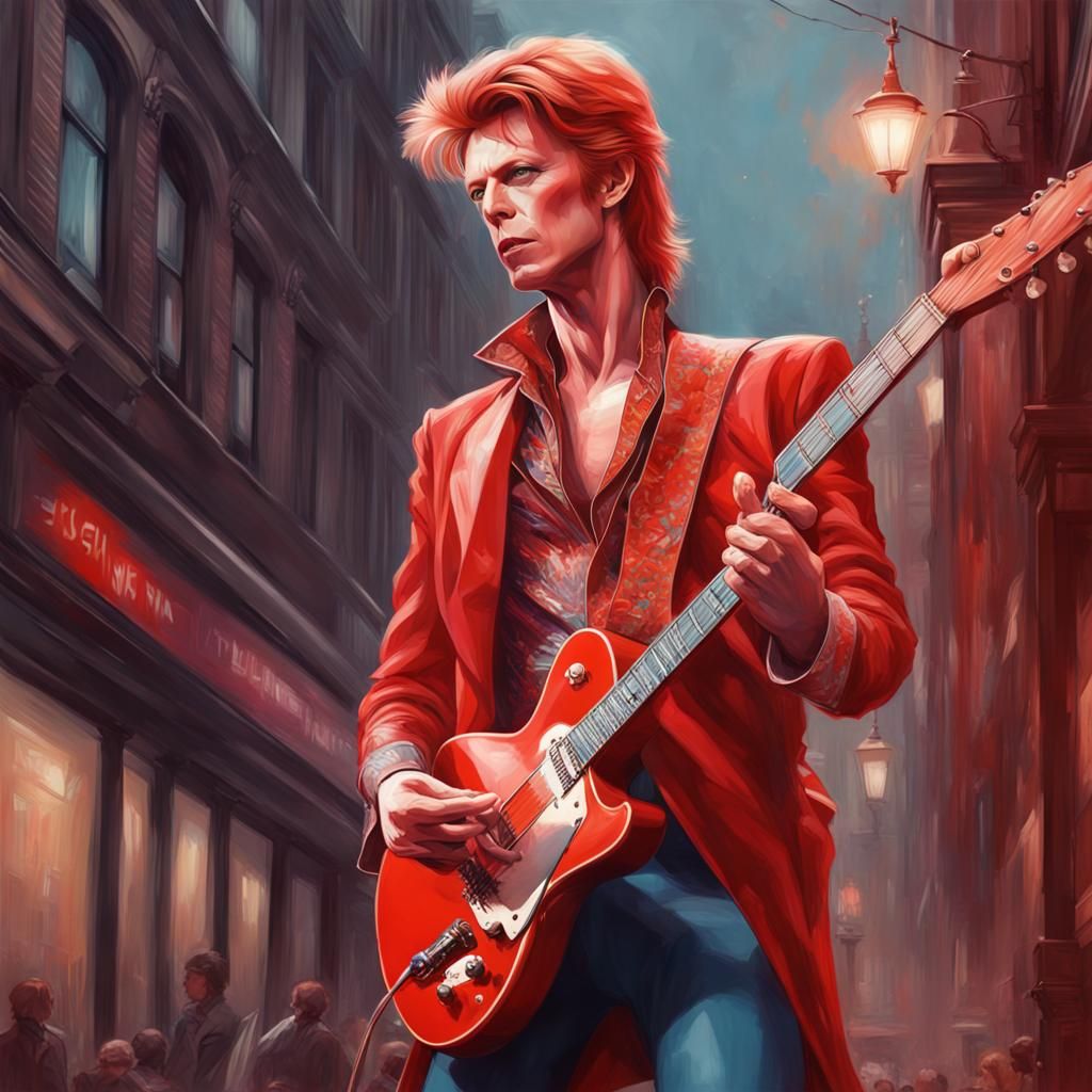 Musician with Red Guitar in London, Art Nouveau Style