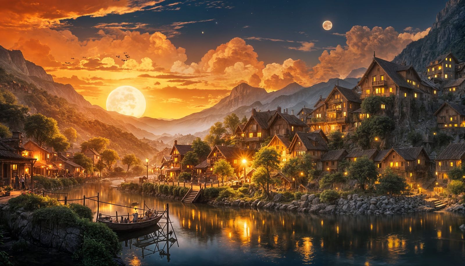 Medieval Village Under Moonlight: Digital Painting