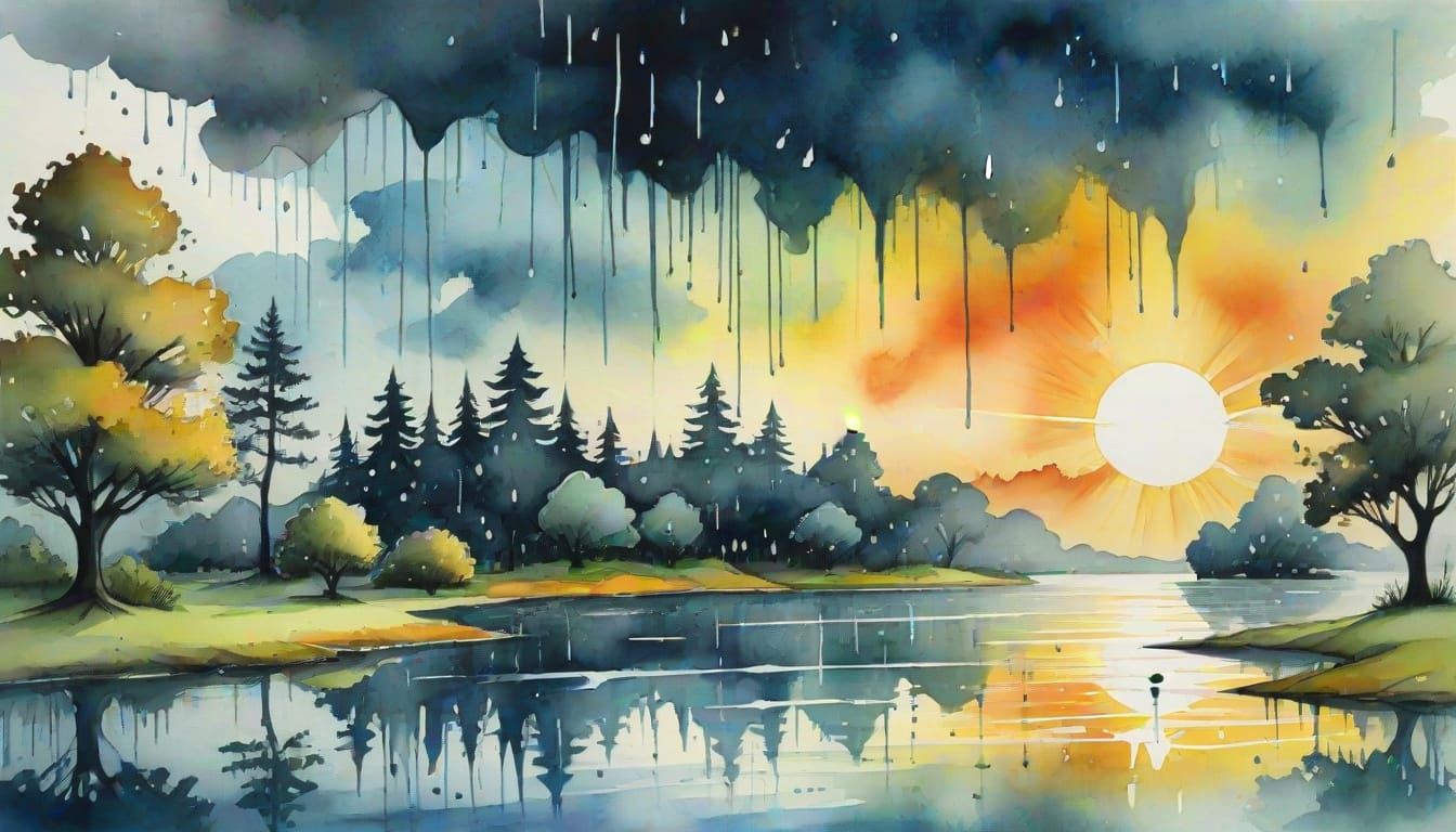 Surreal Sunrise Through Rainy Storm in Watercolor Ink