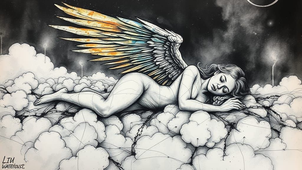 Epic Angel in Ink Splatter Style on Clouds