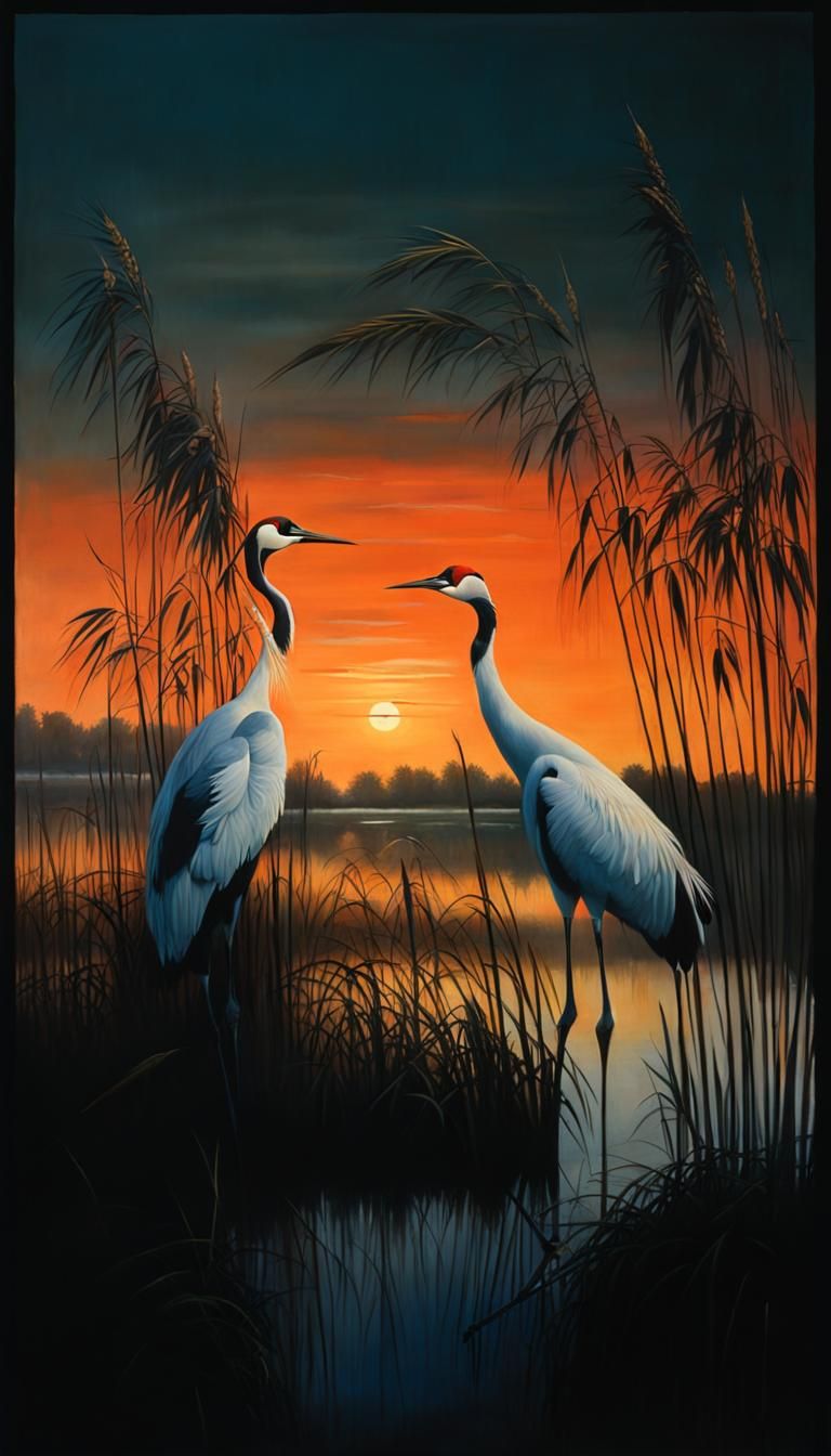 Cranes in Evening Light, Hyperrealistic Oil Painting